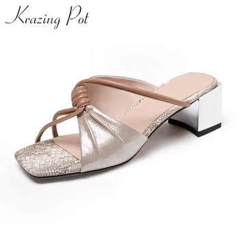 

Krazing pot fashion big size genuine leather pleated mixed colors med square heel slip on mules beauty lady summer sandals L9f7