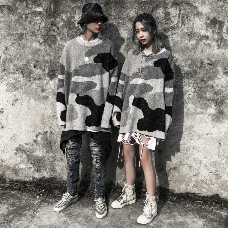 Harajuku камуфляжные вязаные свитера для мужчин и женщин хип-хоп Свободный пуловер свитер уличная Мужская зимняя одежда пальто WG606