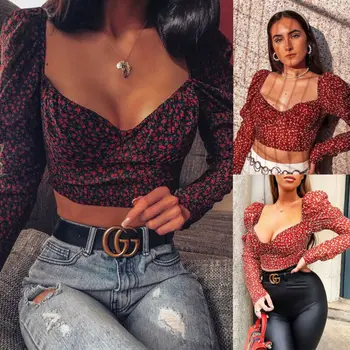 

Women T-shirt 2020 Spring Vintage Polka Dot Square Neck Ruffle Long Puff Sleeve Crop Tops Ladies Casual Tops Streetwears t-shirt