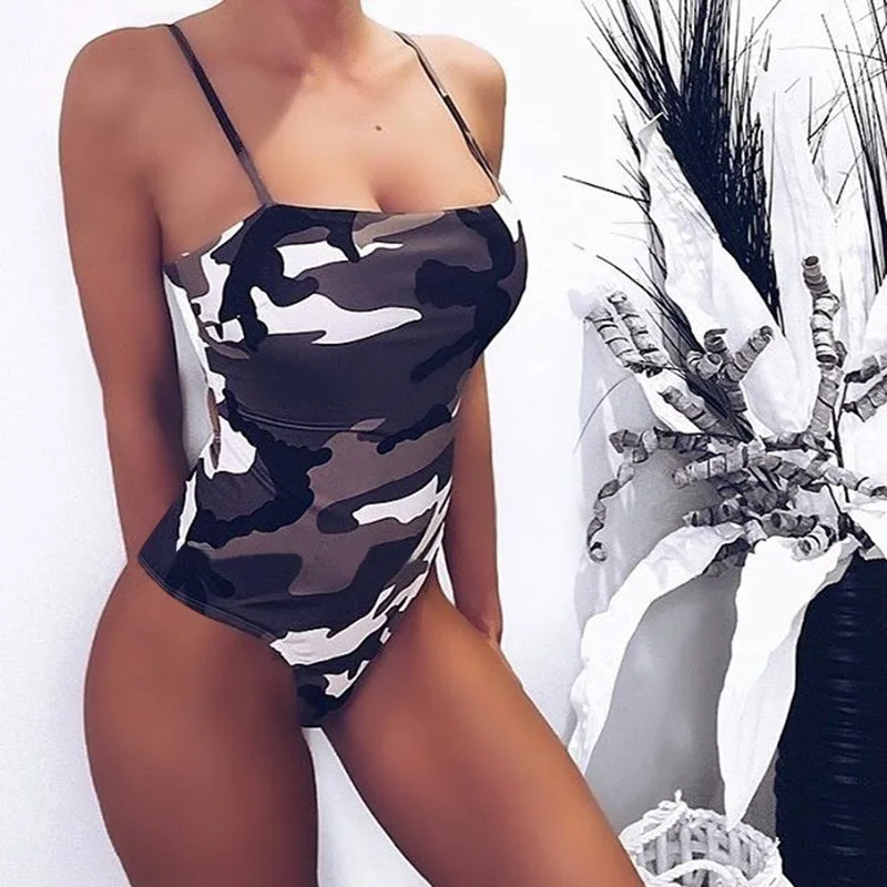 

Camouflage Print Spaghetti Strap Monokini Cut Out Women Tummy Control Swimsuit Sexy Bodycon Bodysuit For Beach Plus Size New