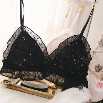 

Sexy Cute Japanese and Korean Style Bra Set Kawaii Gold Star Printing Lingerie Wireless Bra and Panties Set Bikini Lingerie Set