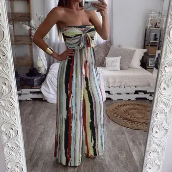 

Womens Sexy Strapless Off Shoulder Striped Jumpsuit Casual Regular Fit Chiffon Beach Romper with Bowknot Detailed