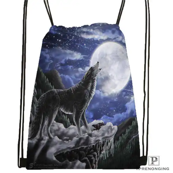 Drawstring Backpack Custom wolf_moon_by_kyghost@ 03-походная сумка на шнурке милый рюкзак для детей(черная спинка) 31x40 см#180611-03-107 - Цвет: Drawstring Backpack