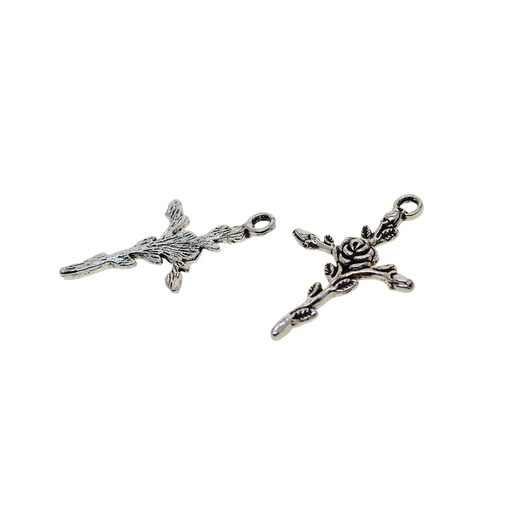 50Pcs Tibetan silver color Rose Floral Charm Cross Faith Pendant Bead for Jewelry Making Bracelet Necklace Crafts