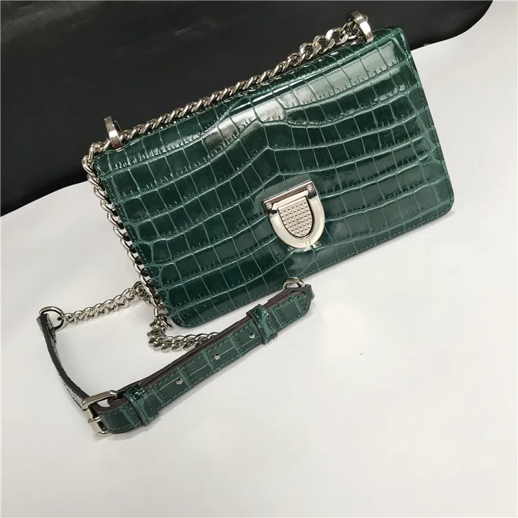 

Jade Green Crocodile Grain Cowhide Small Fang Single Shoulder Slung Chain Genuine Leather Female Bag