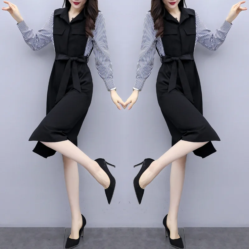

V-neck Mid-length Simple Sleeves Joint Cool Loose-Fit Korean-style 2019 Autumn Dress