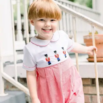 

Summer New baby boys clothes British style kids romper retro Embroidery Plaid Stitching infants Siamese Birthday Romper Y2816