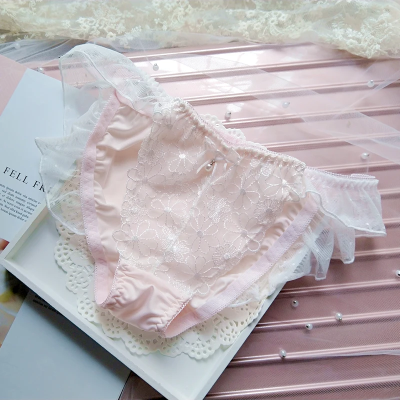 Pink Новинка, женские милые трусики в стиле Лолиты, Цветочная вышивка, милый бант, кружевная отделка, шифоновое нижнее белье, фея, каваи, женские удобные трусы - Цвет: Pink