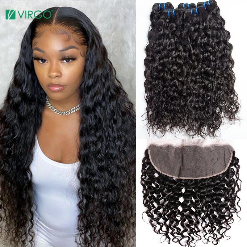 En oferta 30 pulgadas extensiones con ondas al agua con Frontal de la onda de agua de extensiones de cabello humano con cierre Pre arrancado Frontal Virgo pelo Remy 0LdJlb8XaEd