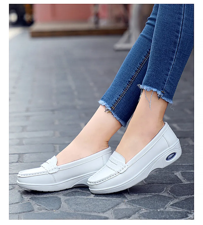 BEYARNE2019 Spring Loafers Flats Women Ladies Solid White Air Cushion Nursing shoes Casual Shoes Slip-on Boat Deck shoesE981