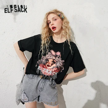 

ELFSACK Black Original Graphic Print Bead Embroidery Casual Women T-Shirts 2020 Spring Pink Half Sleeve Fringe Girly Daily Tops