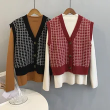 

Sweater Coat Vest Coat Women Sleeveless V-Neck Fashion Plaid Coat Autumn And Winter Loose Casual Short Vest