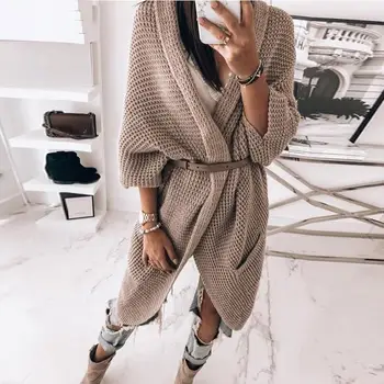 

Autumn Streetwear Classy Solid Full Long Cardigans V-Neck Women Batwing Sleeve Loose Knitted Sweater