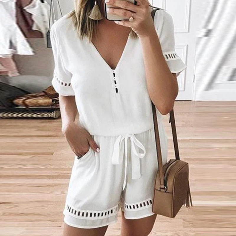 

M-4XL Women Rompers Solid White Jumpsuit Summer Short Sleeve Overalls V Neck Jumpsuits Casual Drawstring Playsuit