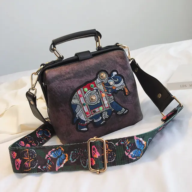 Vintage Embroidery Elephant Bag Bags Wide Butterfly Strap PU Leather Women Shoulder Crossbody Bag Tote Women's Handbags Purses women bag Purple