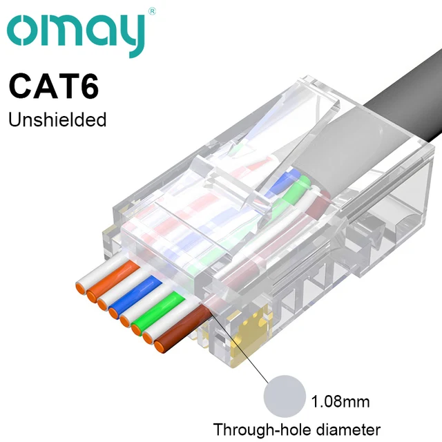 OMAY CAT6/7 CAT5 Pass Through RJ45 Modular Plug Network Connectors UTP 3/50μ Gold-Plated 8P8C Crimp End for Ethernet Cable CAT6 Unshielded