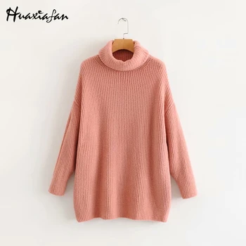 

Huaxiafan Turtleneck Sweaters Solid Knitted Loose Pullover Female Autumn Casual Tops Women Elegant Basic Sweaters Long Sleeve