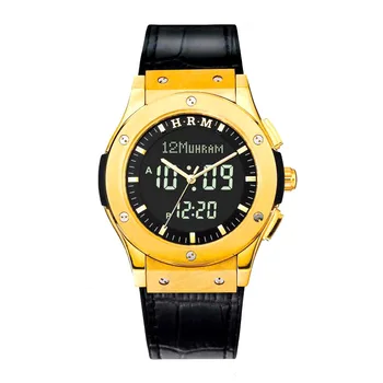 

Azan Wristwatch for Muslims with Auto Qibala Word Prayer Times Backlight DST Hijri Calandar Genuine Leather Water Resistant