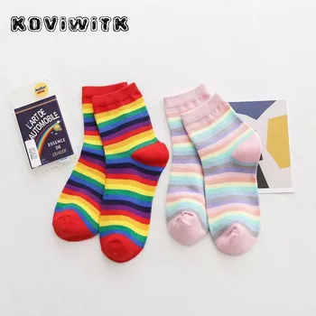 

Funny Rainbow cotton socks for women Striped pink/red sock harajuku Winter Girls College style fashion Sport art warm yellow sox