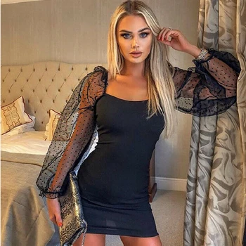 

Bodycon Dress Women Sexy Dress Mesh Long Sleeve Fashion Mini Dresses Package Office Party Hip Backless Mini Dress