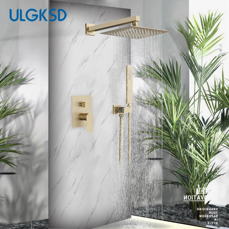 Brushed Gold Bathroom Shower Faucet Rainfall Shower Head Wall Mount W/Hand Bathtub Spout 2/3 Ways Mixer Tap