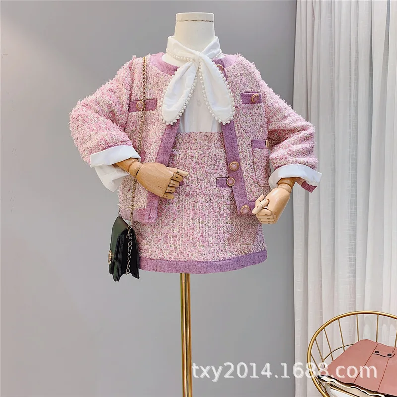 

2019 Girls Set Winter New Fashion Small Fragrance Princess Cotton Cardigan Jacket with Skirt 2 Set