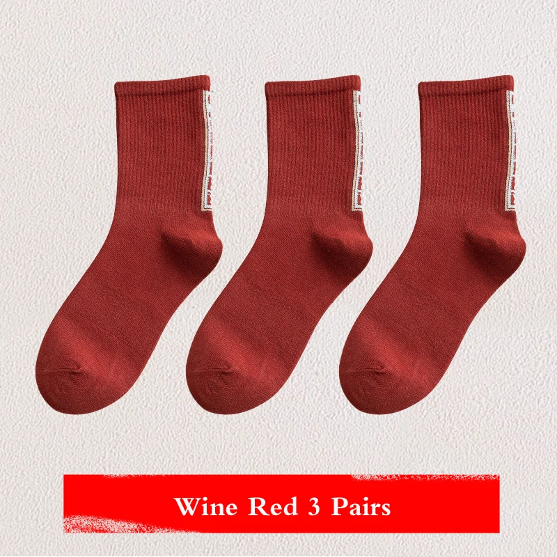 Весна-осень, длинные носки с высокой талией, толстые, средние, зимние, хлопок, носки, милые, уличные, баскетбольные, женские носки, 3 пары - Цвет: Wine Red 3 Pairs