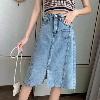 

Summer Mid-length Denim Skirt Female Fashion Stitching Package Hip A-Line High Waist Split Skirt 2020
