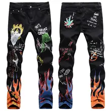 Pantalones vaqueros de Hip Hop para hombre, Jeans con estampado de llamas y letras, ajustados, elásticos, de moda, ropa de calle Punk Rock