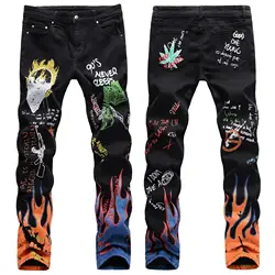 Pantalones vaqueros de Hip Hop para hombre, Jeans con estampado de llamas y letras, ajustados, elásticos, de moda, ropa de calle Punk Rock