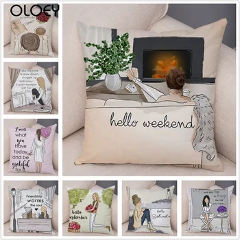 

Weekend Cute Cartoon Girl Image Polyester Square Soft Cushion Cover 45cmx45cm Home Bedroom Hotel Car Decoration Cushion Cover .