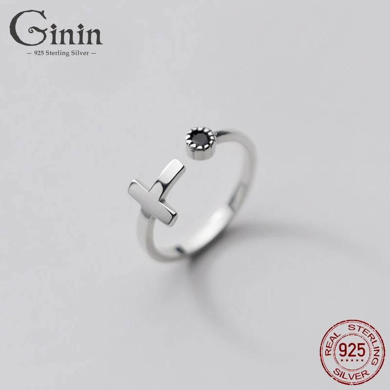

Ginin Simple Black Zircon Glossy Cross Real 925 Sterling Silver Ring for Women Man Korean Style Religious Open Finger Jewelry