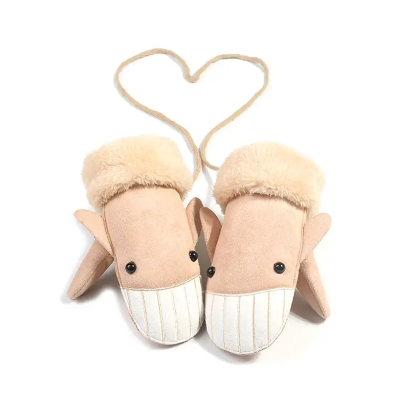 Shark Shape Khaki Детские перчатки для малышей; зимние теплые толстые плюшевые Висячие Короткие перчатки с героями мультфильмов; QX2D - Цвет: Shark Shape Khaki