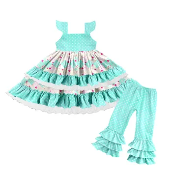 

Fancy flutter top floral baby girl ruffle two pieces kids clothing outfit