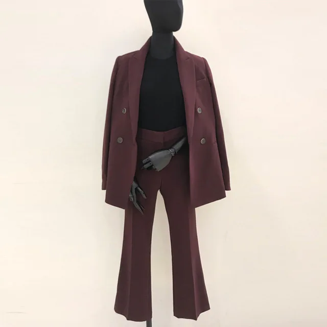 LMCAVASUN женский XL-5XL брючный костюм профессиональный темперамент модная куртка+ расклешенные брюки теплый костюм - Цвет: Коричневый