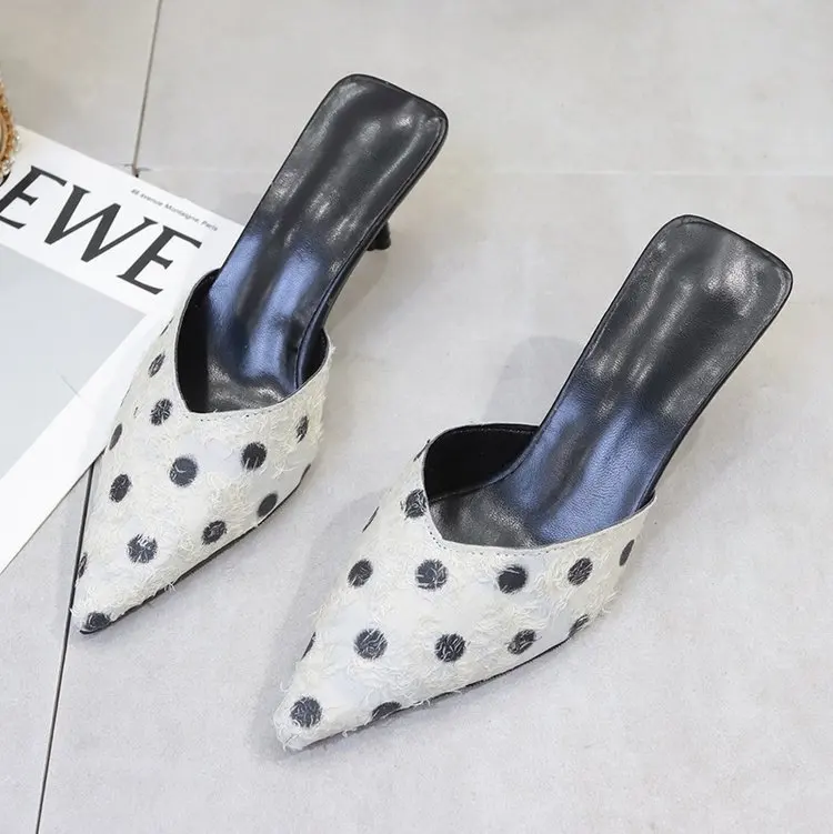 

Elegant Ladies Mules Woman Slippers Polka Dot Pumps Women Thin High Heels Female Pointed Toe Casual Shoes Women's Summer Slides