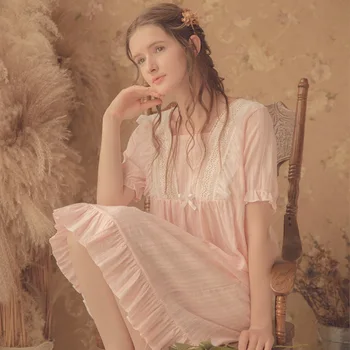 

Vintage Palace Style Mid Long Nightdress For Women Loose Hem Elegant Bathrobes Soft Cotton Nightgowns Female Night Sleep Dress
