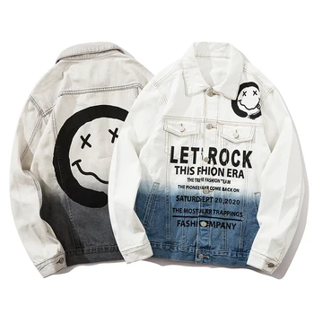 

Original Gradient Smiley Mens Jeans Jacket Streetwear Letter Print Windbreaker Bomebr Jacket Hip Hop Oversize Denim Coat for Men