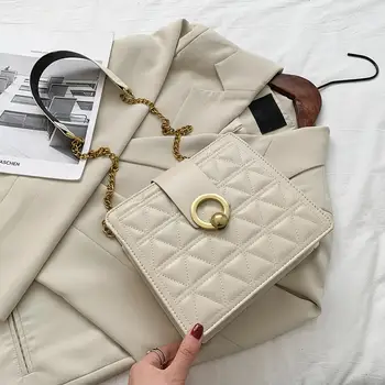

Retro Lattice Pattern PU Leather Chain Crossbody Bags Simple Women Big Capacity Shoulder Messenger Trunk Handbags