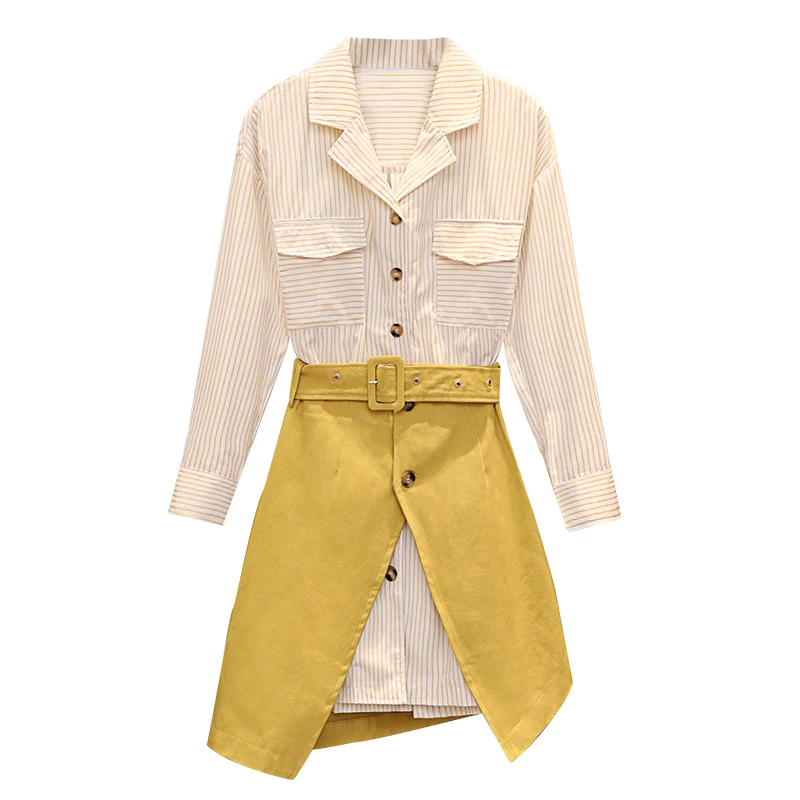 

Suits Autumn Outfit Women Long Stripe Shirt Yellow Irregular Skirt Belt Two-Piece Clothing Set Sweet Girl Clothes Vestido Top