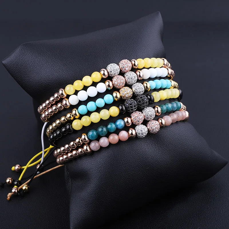 New Design Natural Stone Stainless Steel Beaded CZ Pave Ball Braided Friendship Macrame Bracelet Women - Image 2
