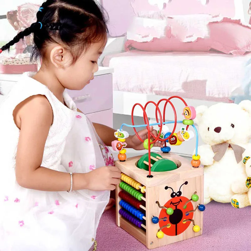 

6-in-1 Multi-function Wooden Beetle 3D Beads Kids Toys Arts And Crafts For Baby Educational Blocks Toys Beaded Toy For Children
