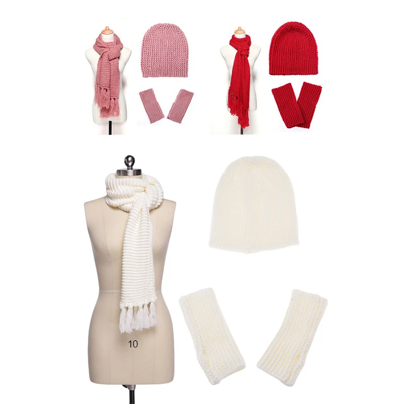 Женская теплая шапка шарф перчатки наборы женская шапка шарф + теплая вязаная шляпа зимний комплект из 3 предметов