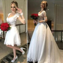 Линии 2 в 1 Свадебные платья платье с расширенным съемным подолом Кружева Аппликации; Robe De Mariage свадебные платья Иллюзия длинным рукавом свадебное платье