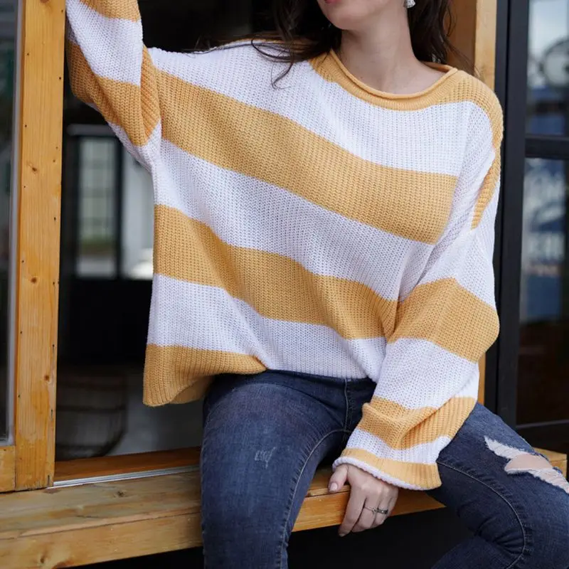 

2019 Autumn Women Classic Color Stiching Stripes Sweater Batwing Knitting Pullover Sweater Ulzzang Oversized Knit Jumpers
