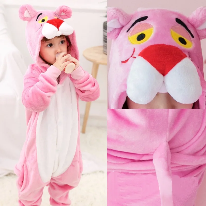 Кигуруми костюм для детей, одежда для мальчиков, Хлопковая пижама единорог, динозавр комбинезон-лиса зимние животных Косплэй, одежда для сна для маленьких мальчиков Штаны для девочек с рождественским изображением пижамы - Цвет: Pink Leopard