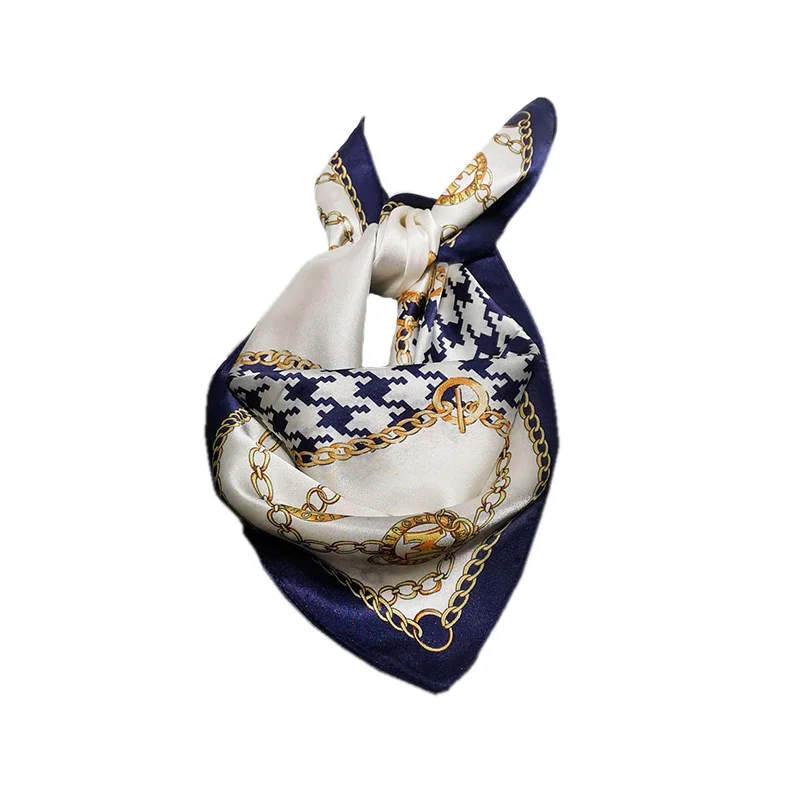 

YILIAN Brand 100% Silk Square Scarf for Women Houndstooth Chain Print Top Quality Design Bag Ribbon Flight Attendant Scarf