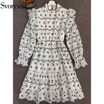 

Svoryxiu 2020 New Spring Summer Runway Hollow Out Embroidery Dress Women's Comfortable Elastic Waist Lantern Sleeve Short Dress