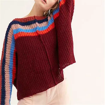 

Fashion Rainbow Sweaters Knitted Pullovers Women New Winter Sweater Loose Pullover Jumpers Female Slash neck Striped Full