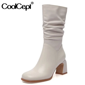 

Coolcept Real Leather Women Mid Calf Boots Thick High Heel Square Toe Zipper Shoes Winter Warm Boots Party Footwear Size 34-39